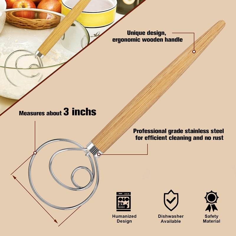VOBRAMY Acerich 2 Pack Danish Dough Whisk 13.5â€ Dough Whisk Stainless Steel Dutch Style Bread Whisk Wooden Handle Danish Whisk for Bread, Batter, Cake, Pastry - Image 2